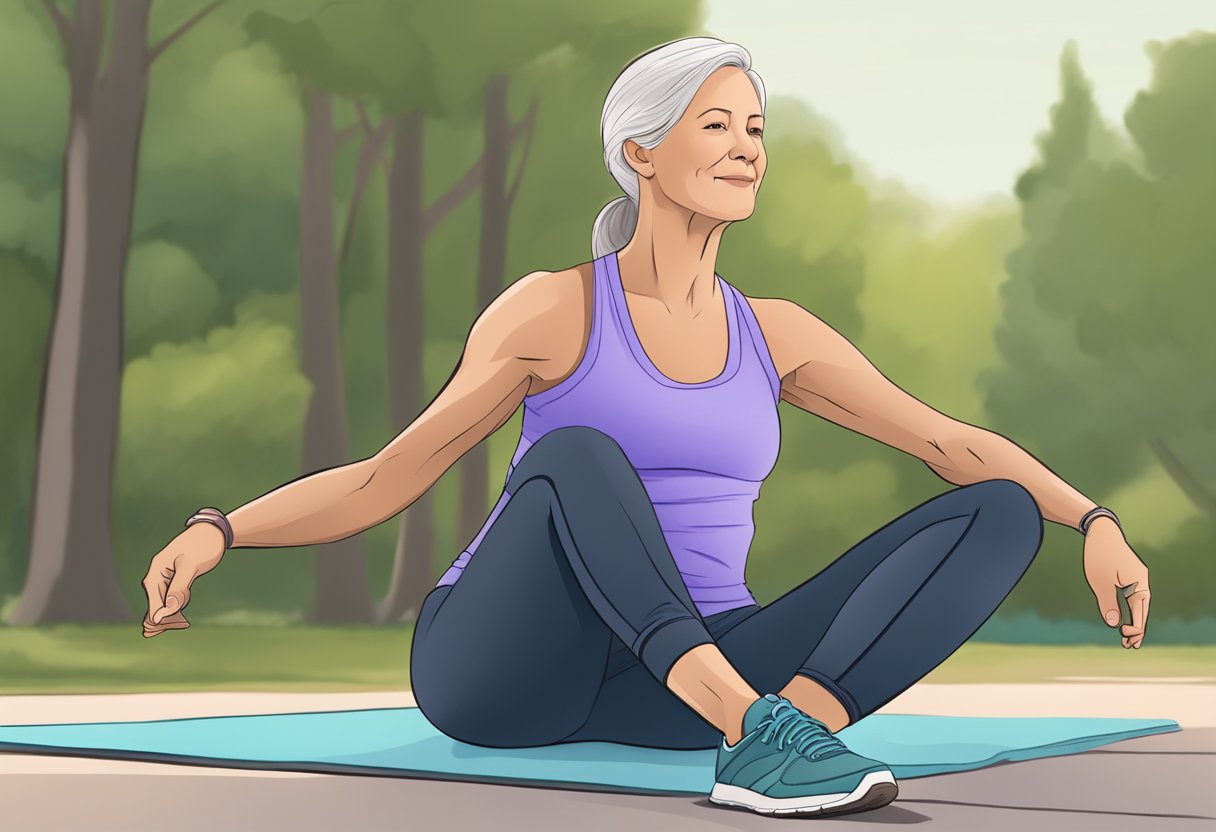 A woman over 50 in exercise clothing, including leggings, a loose-fitting tank top, and supportive sneakers, stretching in a peaceful outdoor setting