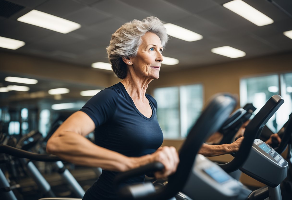 A woman over 50 is on an elliptical machine, sweat glistening on her forehead, as she engages in a high-intensity, low-impact cardio workout. The machine's pedals move in a fluid motion, and the woman's determined expression