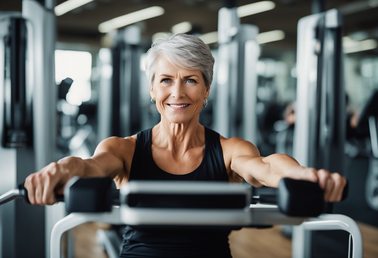 A woman over 50 is vigorously rowing on a sleek machine, her focus evident as she powers through a high-intensity, low-impact cardio workout. The machine's resistance adds to the challenge, creating a dynamic and empowering scene