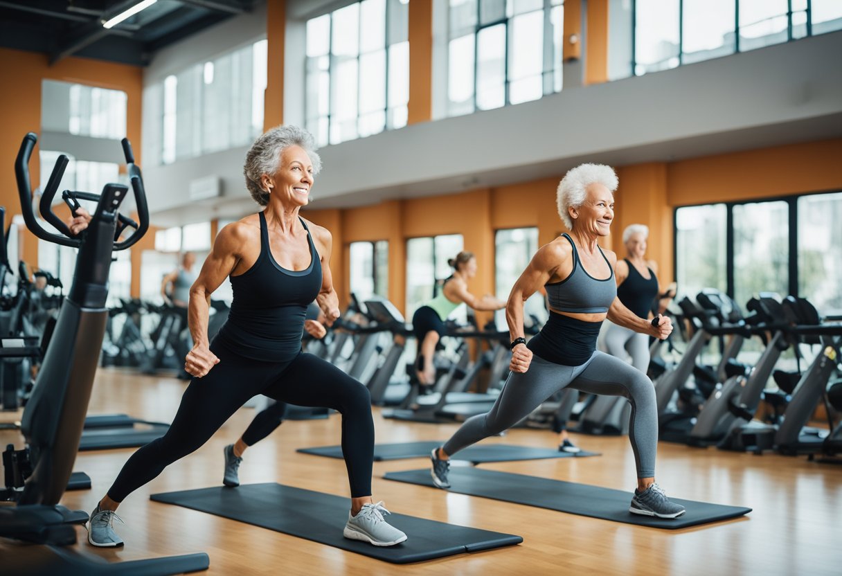 Women over 50 performing high intensity, low impact cardio exercises in a bright, well-lit gym setting with modern workout equipment