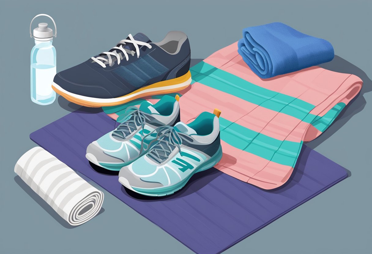 A pair of running shoes and yoga pants laid out neatly on a yoga mat, with a water bottle and towel nearby