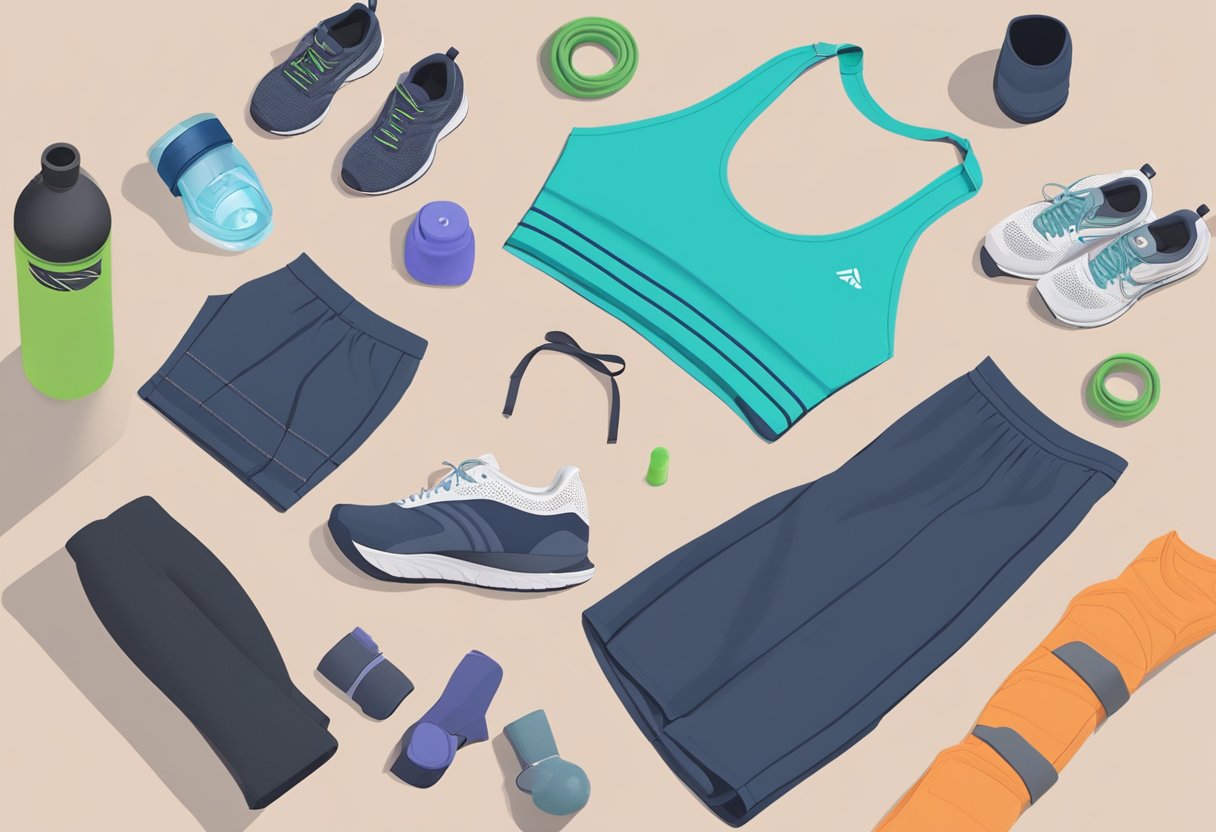 A woman's workout clothes laid out neatly on a bed, including yoga pants, a moisture-wicking tank top, and supportive sports bra. Running shoes and a water bottle are placed nearby