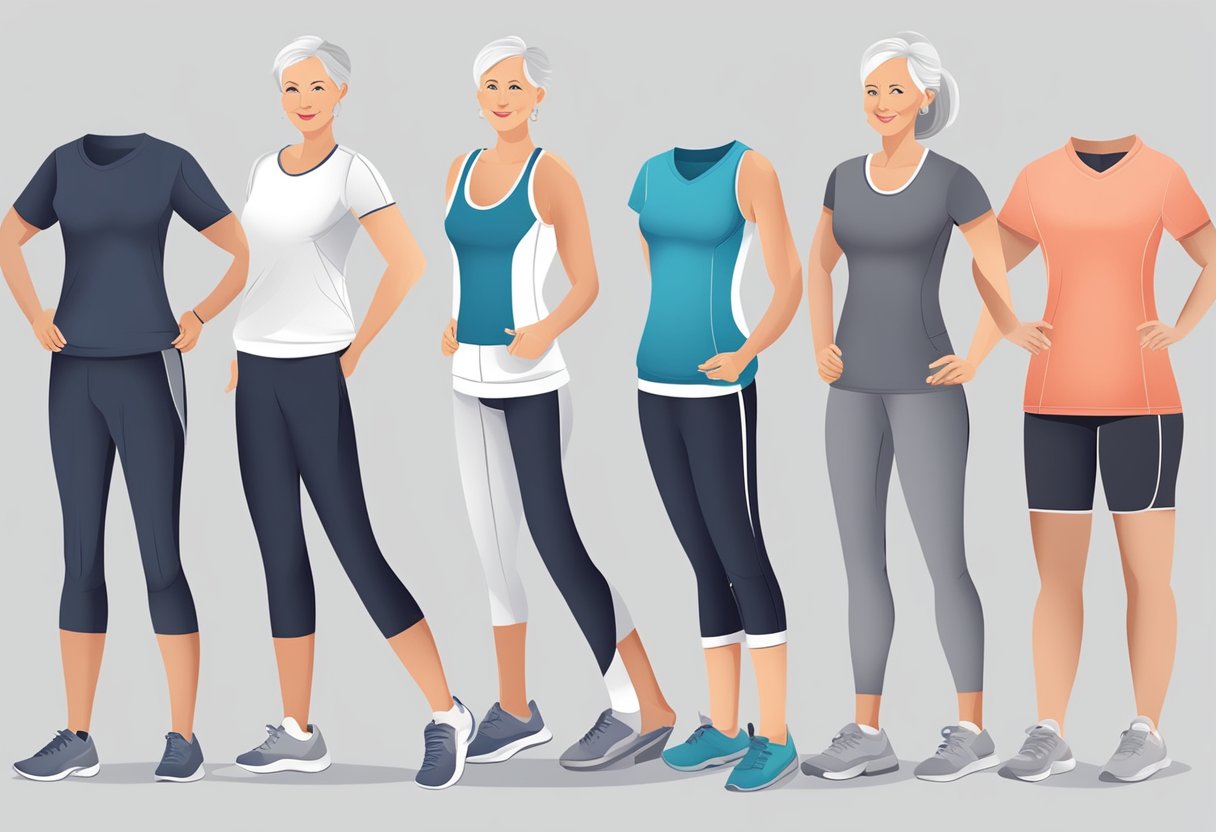 A mature woman in exercise wear, with a focus on comfort and functionality. The clothing is stylish yet practical, with breathable fabrics and supportive designs